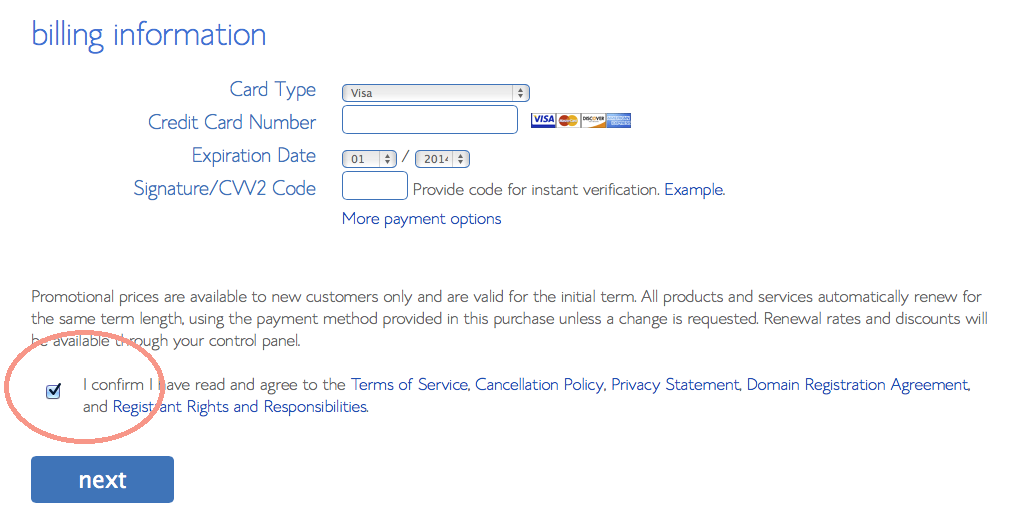 Bluehost credit card billing payment information
