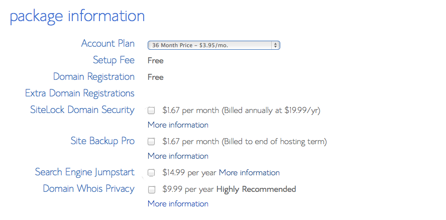 Bluehost hosting package pricing information