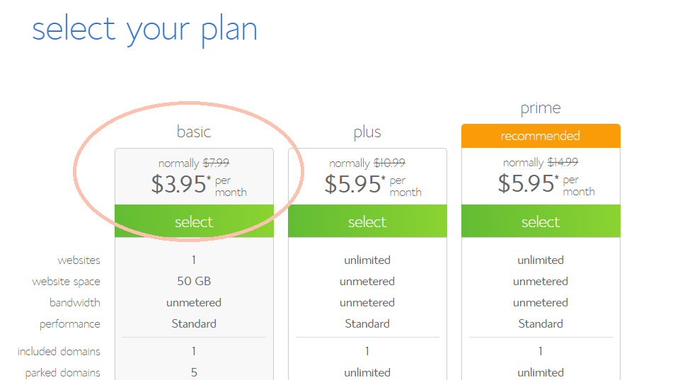 Bluehost hosting plan pricing packages