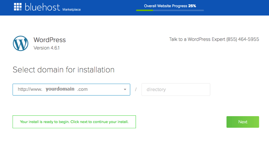 install wordpress on bluehost hosting select domain