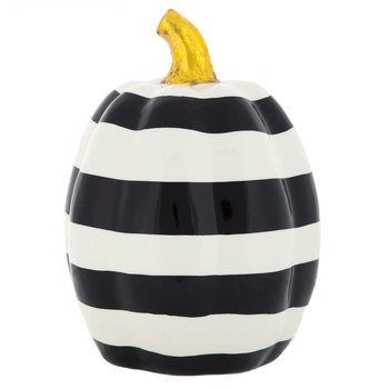 black and white striped pumpkin decor with gold stem